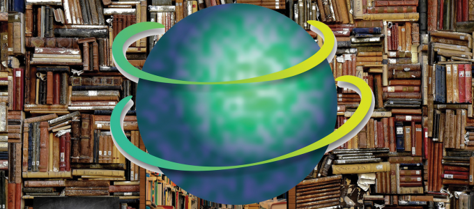 Image - illustration of planet in front of bookshelf laden with books