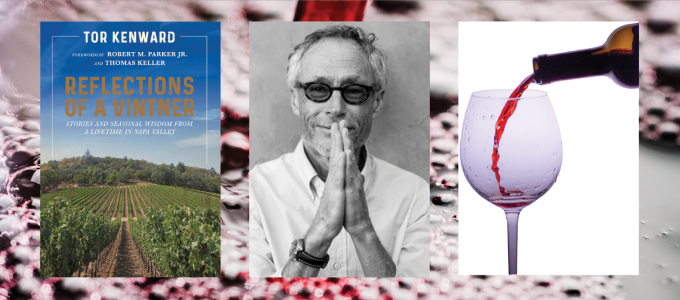 Image - Tor Kenward and his book cover and a wine pouring