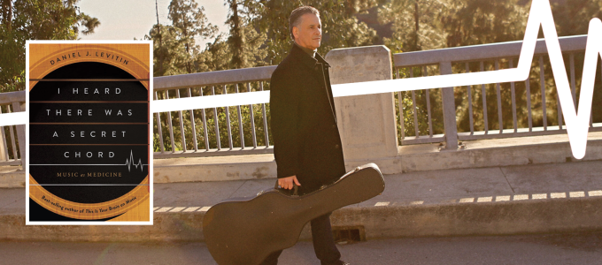 Image - Daniel Levitin holding guitar case, plus his book cover