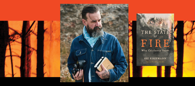 Image - the speaker, burning trees, and his book cover