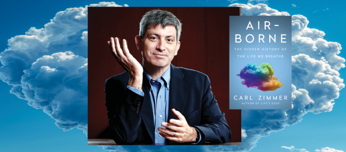 Image - the speaker, his book cover, a background of clouds