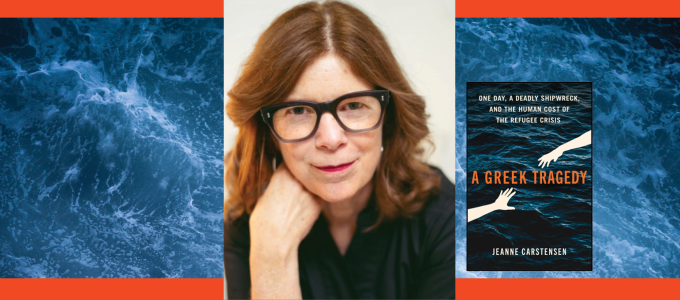 Image - the speaker, her book cover, and ocean water
