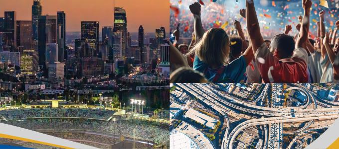 Image - city skyline, people at outdoor event, and highways