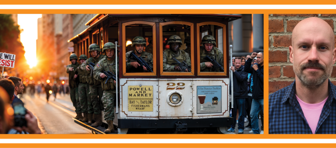 Image - AI illustration of troops on cable car, plus the speaker