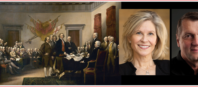 Image - the speakers plus a public domain painting of the signing of the Declaration