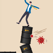 COVID-19 and Climate: The Future of Energy Image - illustration of person on oil barrels
