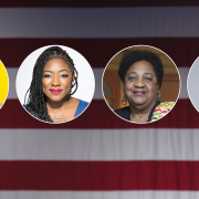Keep the Seat: Who Should Succeed Senator Kamala Harris? Image - faces of panelists plus Kamala Harris