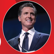 Image - Gavin Newsom next to symbols from California flag