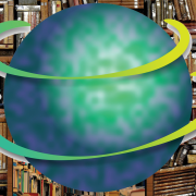 Around the World in 80 Books Image - illustration of planet in front of bookshelf laden with books