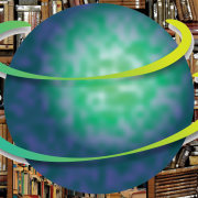 Image - illustration of planet in front of bookshelf laden with books