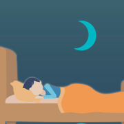 Image - illustration of sleeping person in bed, in front of background detail from book cover