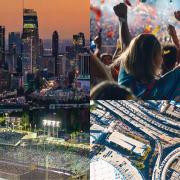 Image - city skyline, people at outdoor event, and highways
