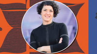Image - author Laura Murphy against a background detail from her book cover