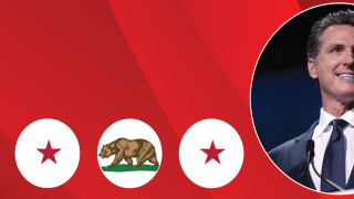 Image - Gavin Newsom next to symbols from California flag