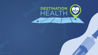 Image - Destination Health text and logo, alongside illustration of vaccination needle