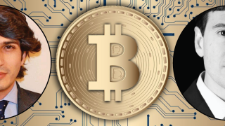 Image - Bitcoin symbol in front of computer circuitry, plus speakers faces