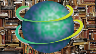 Image - illustration of planet in front of bookshelf laden with books