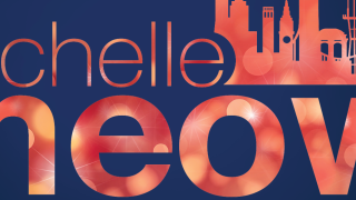 Image - Michelle Meow Show logo with holiday bokey lighting behind the letters