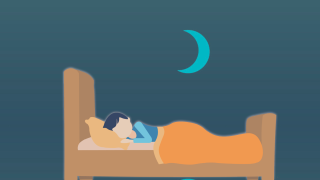 Image - illustration of sleeping person in bed, in front of background detail from book cover