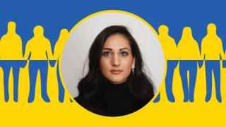 Image - Anya Zoledziowski with background of illustrated people holding hands, colors of Ukrainian flag