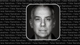 Image - Lee McIntyre against background of text reading FALSE NARRATIVES