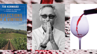 Image - Tor Kenward and his book cover and a wine pouring