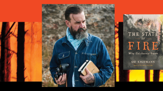 Image - the speaker, burning trees, and his book cover