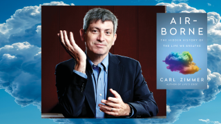 Image - the speaker, his book cover, a background of clouds
