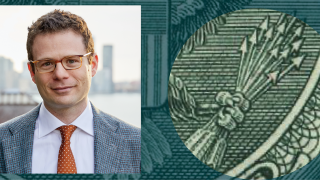 Image - the speaker and closeup of a U.S. dollar bill