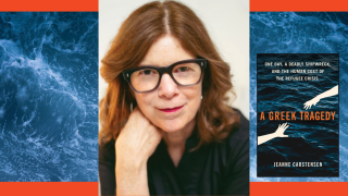 Image - the speaker, her book cover, and ocean water