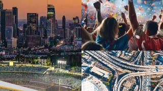 Image - city skyline, people at outdoor event, and highways